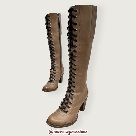 $599 Frye Julia Tall Lace Up Tan Beige Real Leather Military Zip Up Heeled Boots - Picture 11 of 14